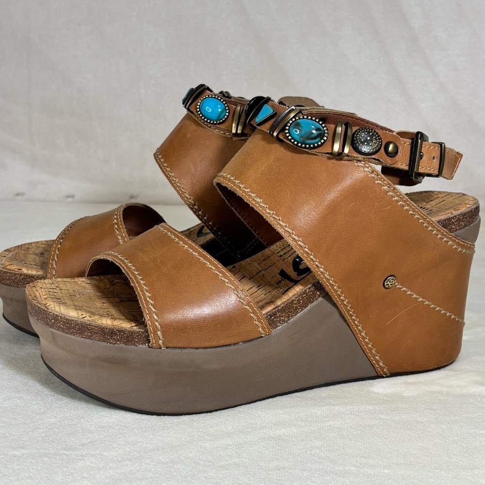 OTBT Women’s Layover Brown Wedge Sandals With Turquoise Accents Size 9 New